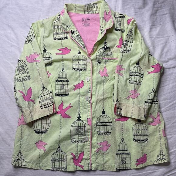 Nick & Nora Green Birds and Birdcage Print Pajama Top and Bottom Set XXL Cotton - Picture 2 of 7